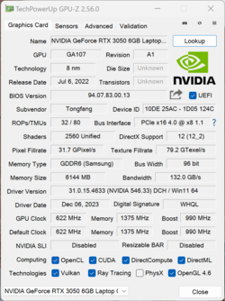 GPU-Z GeForce RTX 3050 6 GB Ordinateur portable
