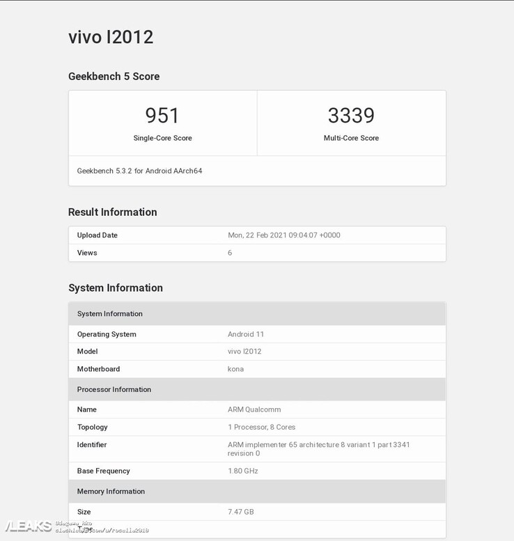 Le "iQOO Neo5 international" sur Geekbench. (Source : Geekbench via SlashLeaks)