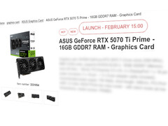 La Nvidia GrForce RTX 5070 Ti devrait être lancée le 20 février. (Source de l'image : Proshop)