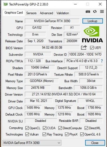 Informations GPU-Z pour RTX 3090 GA102-250. (Image Source : Hardwareluxx)
