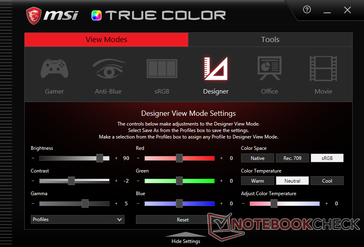 Le mode "Designer" permet une personnalisation poussée des couleurs, de leur température, du contraste et du gamma de l'écran du GE75.
