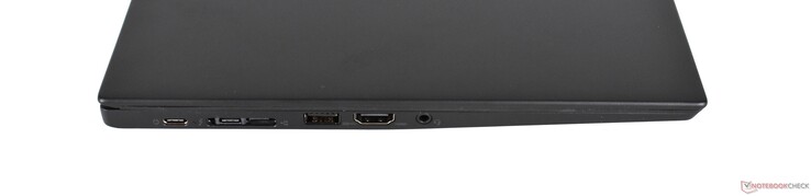 Côté gauche : USB C 3.1 Gen 1, Thunderbolt 3, miniRJ45/port pour station d'accueil, USB A 3.0, prise jack.