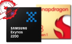 Le partenariat Samsung/AMD a peut-être porté ses fruits pour l&#039;Exynos 2200 en matière de performances GPU. (Image source : Samsung/Qualcomm/designevo - édité)