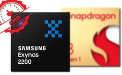 Le partenariat Samsung/AMD a peut-être porté ses fruits pour l'Exynos 2200 en matière de performances GPU. (Image source : Samsung/Qualcomm/designevo - édité)