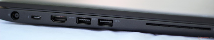 Côté gauche : entrée secteur, USB C avec Thunderbolt 3, HDMI 1.4, USB A 3.1 Gen 1, Smart Card.
