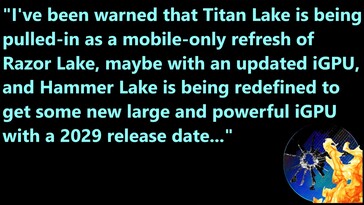 Fuite d'Intel Titan Lake et Intel Hammer Lake. (Source de l'image : Moore's Law Is Dead sur YouTube)