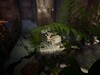 Quill se tient sur un chemin de pierre à carreaux noirs et blancs, sous une grande branche de fougère verte, dans le couloir d'un château de pierre.