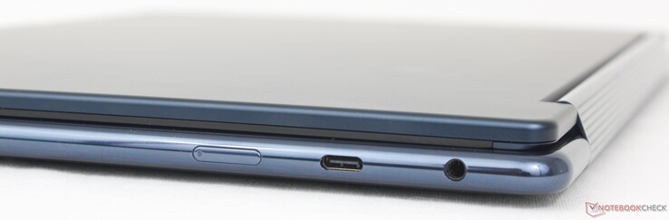 A droite : Bouton d'alimentation, USB-C 3.2 Gen. 2, (10 Gbps) avec DisplayPort 1.4 + Power Delivery 3.0, casque 3,5 mm