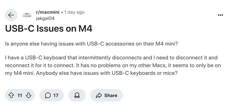 Les problèmes de connexion USB-C concernant le Mac mini ne cessent d'apparaître sur les forums. (Source de l'image : Reddit)