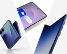 Galaxy Z Flip 7 (à gauche), Galaxy S25 Edge (au milieu), Galaxy Z Fold 7 (à droite).