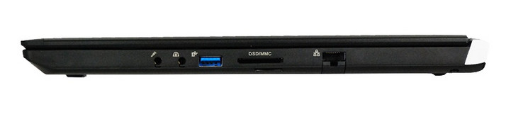 Côté droit : micro 3,5 mm, écouteurs 3,5 mm, USB 3.0, lecteur de carte SDXC, mini SIM, Gigabit RJ-45, verrou de sécurité Kensington (Source: Eurocom)