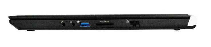 Côté droit : micro 3,5 mm, écouteurs 3,5 mm, USB 3.0, lecteur de carte SDXC, mini SIM, Gigabit RJ-45, verrou de sécurité Kensington (Source: Eurocom)
