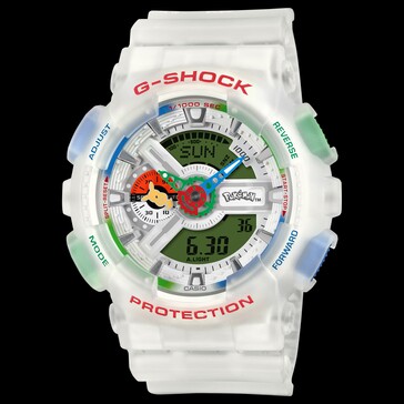 Vue de face de la Casio G-Shock Pokémon 30e anniversaire GA-110PKM-7A sur fond noir.
