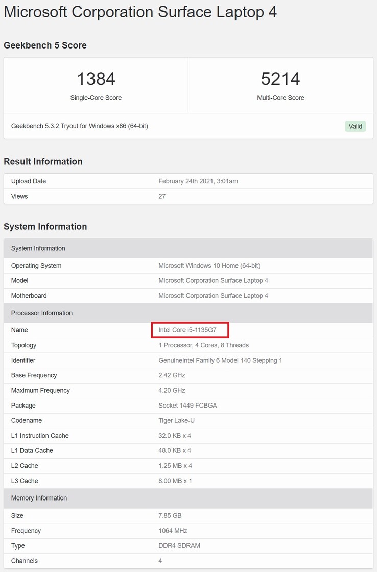 Surface Laptop 4 avec Tiger Lake. (Source de l'image : Geekbench)