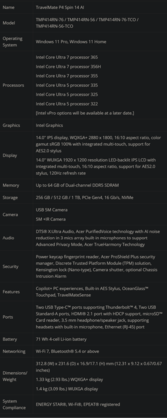 Spécifications du TravelMate P4 Spin 14 AI