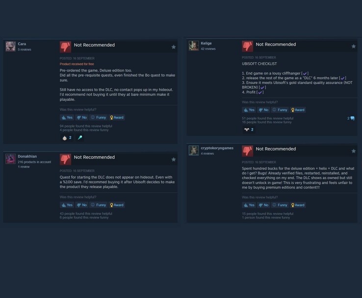 Les commentaires des utilisateurs de Steam critiquent les problèmes des DLC d'Ubisoft, de nombreux joueurs ayant indiqué que le contenu n'était pas recommandé (Image source : Steam)