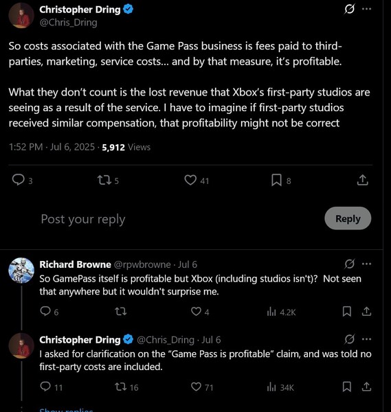 Message de Christopher Dring X sur la rentabilité du Xbox Game Pass (Source de l'image : capture d'écran, compte de Christopher Dring X)