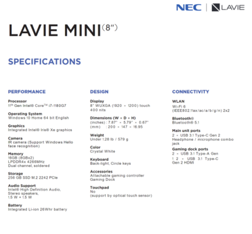 NEC Lavie Mini - Spécifications. (Source de l'image : Lenovo)
