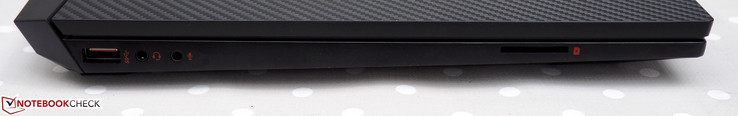 Côté gauche : USB A 3.1 Gen 1, jack 3,5 mm écouteurs, jack 3,5 mm micro, lecteur de carte SD.