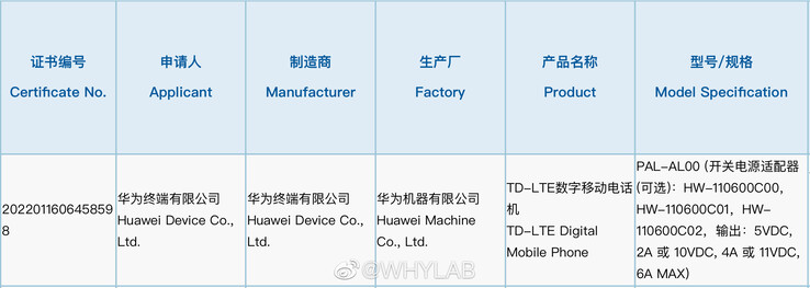 Le "Mate X3" apparaît sur la base de données 3C. (Source : WHYLAB via Weibo)