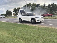 Une photo du Mustang Mach-E en feu (Source de l'image : Chase Roberts ; recadré)