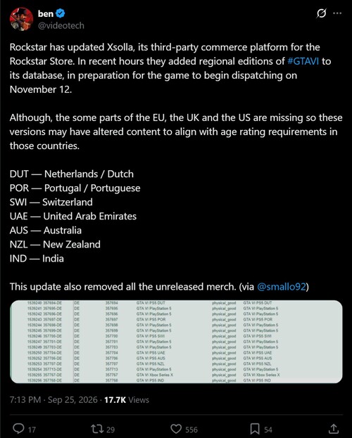 Affichage des codes régionaux de GTA 6 sur la boutique Rockstar