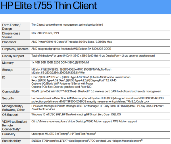 Spécifications du client léger HP Elite t755 (image via HP)