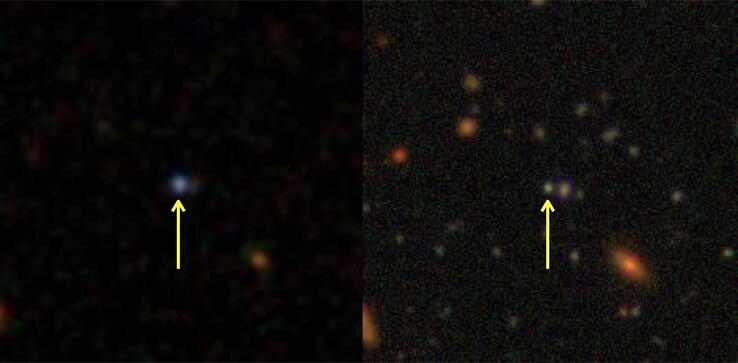 Image montrant la galaxie J0218-0036 en 2002 à gauche et en 2018 à droite.