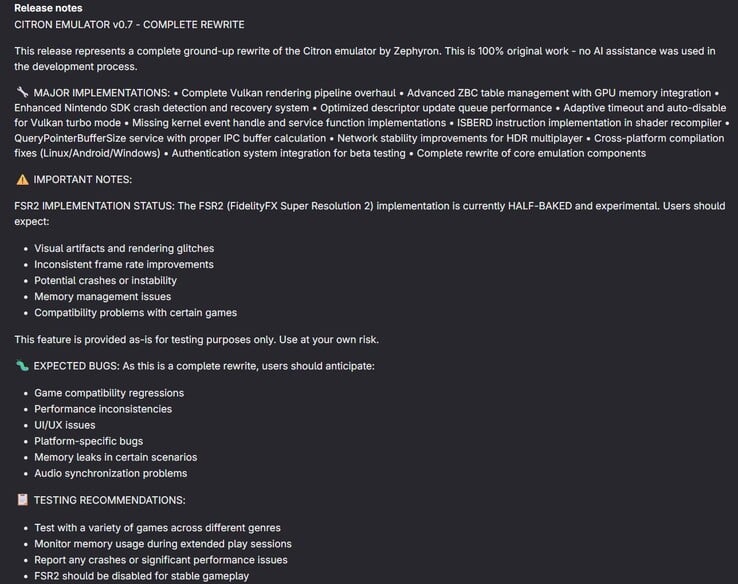 Notes de version de la nouvelle mise à jour (Image source : Citron)