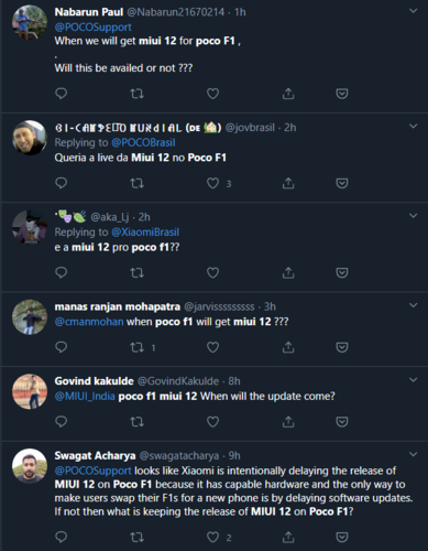Quelques-unes des plaintes récentes concernant l'absence de MIUI 12 pour le Pocophone F1. (Source de l'image : Twitter)