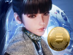 Eve, personnage de Stellar Blade, à côté de la crypto-monnaie (Image source : Shift Up, Amazon avec modifications)