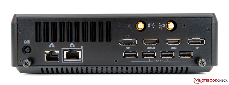 Arrière : port d'alimentation, Dual-LAN (1G et 2.5G), 4x USB 3.1 Type-A, 2x DisplayPort, 2x HDMI, 2x antennes WLAN