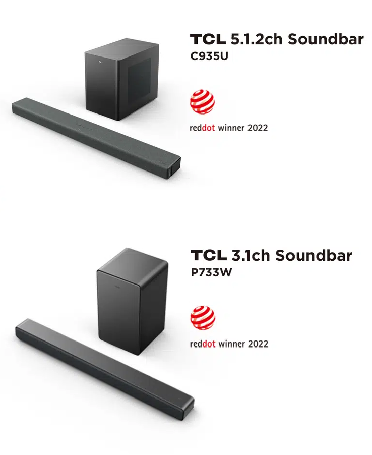 2 nouvelles barres de son TCL et leurs subwoofers. (Source : TCL)