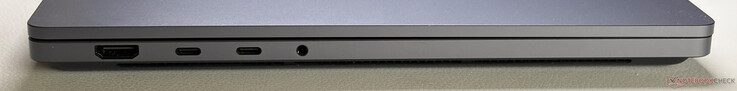 À gauche : HDMI 2.1b, 2x USB-C 4.0 (40 Gbps, DisplayPort 2.1, Power Delivery), prise jack stéréo 3,5 mm