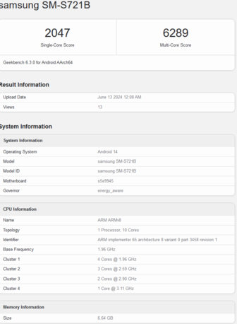 Samsung Galaxy S24 FE Score Geekbench (image via Geekbench)