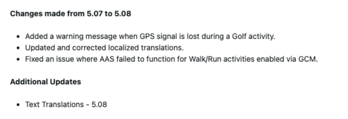 Les notes de mise à jour de la version 5.08 du logiciel Garmin Lily 2 Active