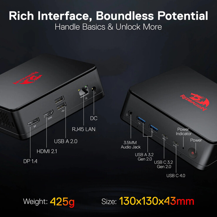 Sélection des ports du mini-PC MPC745 de Redragon. (Source de l'image : Redragon)