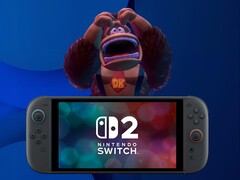 Un Donkey Kong exaspéré se tient derrière la console Switch 2 (Image source : Nintendo of America with edits)