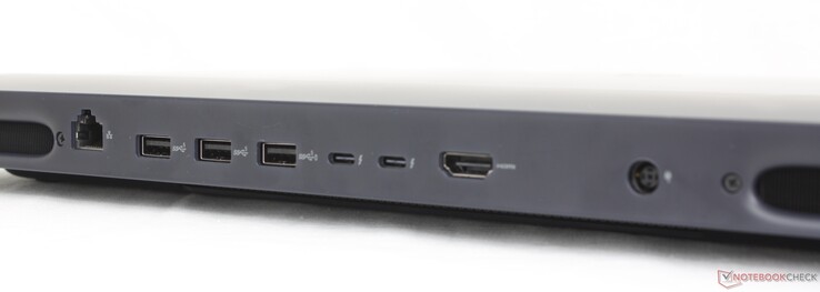 Arrière : RJ-45 (5 Gbps), 3x USB-A 3.2 Gen. 1, 2x Thunderbolt 5 avec DisplayPort 2.1 + Power Delivery, HDMI 2.1, adaptateur CA