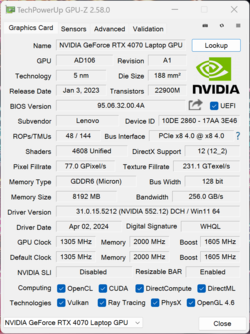 GPU-Z Ordinateur portable Nvidia GeForce RTX 4070