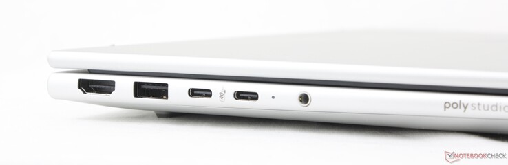 À gauche : HDMI 2.1, USB-A (5 Gbps), 2x USB-C 4.0 avec DisplayPort 1.4 + Power Delivery (40 Gbps)