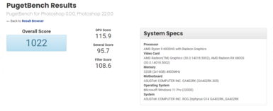 Asus ROG Zephyrus G14 avec Ryzen 9 6900HS et Radeon RX 6800S dans PugetBench Photoshop. (Source : PugetBench)