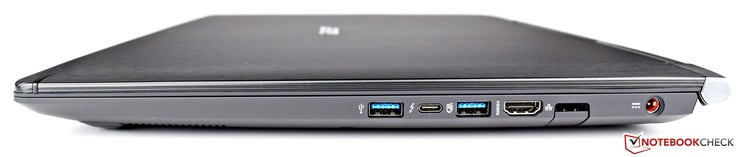 A droite : 1 USB 3.0, 1 USB 3.0 type C gen. 2 (Thunderbolt), 1 USB 3.0, HDMI, RJ45, entrée secteur.