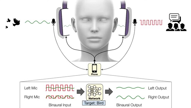 La technologie de l'UofW en matière de casque d'écoute utilise des réseaux neuronaux pour filtrer les sons. (Source de l'image : Paul G. Allen School at YouTube)