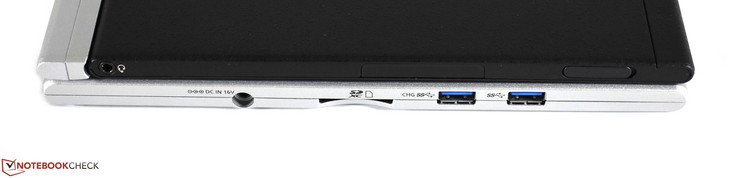 Côté gauche : combo audio (sur la partie tablette), entrée secteur, lecteur de carte SD, 2 x USB A 3.0, emplacement pour carte nano SIM (sur la partie tablette).