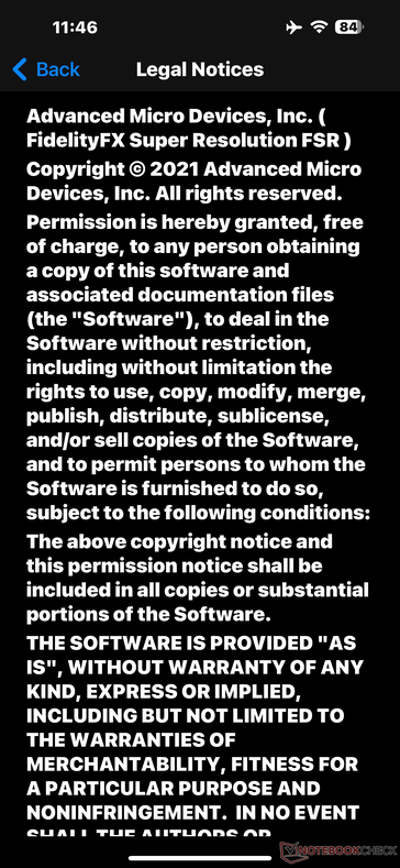 Apple reconnaît l'utilisation de la technologie FSR d'AMD dans la section "Legal &amp; Regulatory Notices" de son logiciel. (Image : Notebookcheck)