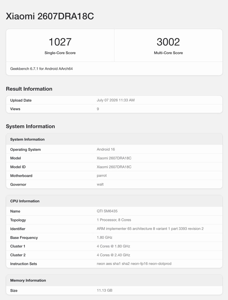 Fiche Geekbench d'un futur téléphone Xiaomi.