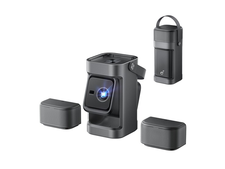 Le projecteur Soundcore Nebula P1 est équipé de deux haut-parleurs amovibles de 10 W, d'une poignée de transport et d'un cardan à double bras de 130 degrés. (Source de l'image : Anker)