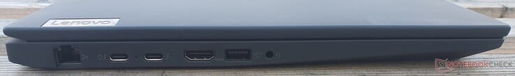 Connexions sur la gauche : LAN GBit, 2x Thunderbolt 4, HDMI 2.0b, USB-A 3.2 Gen 1 (5 GBit/s), prise jack