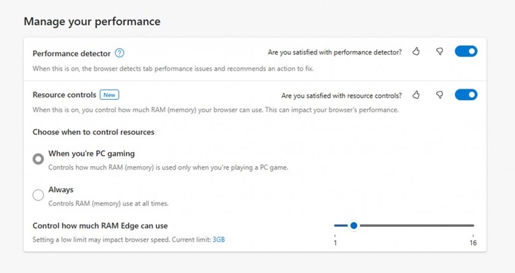 Les paramètres de ressources de Microsoft Edge permettent aux utilisateurs de fixer une limite de mémoire vive. (Source : Microsoft)